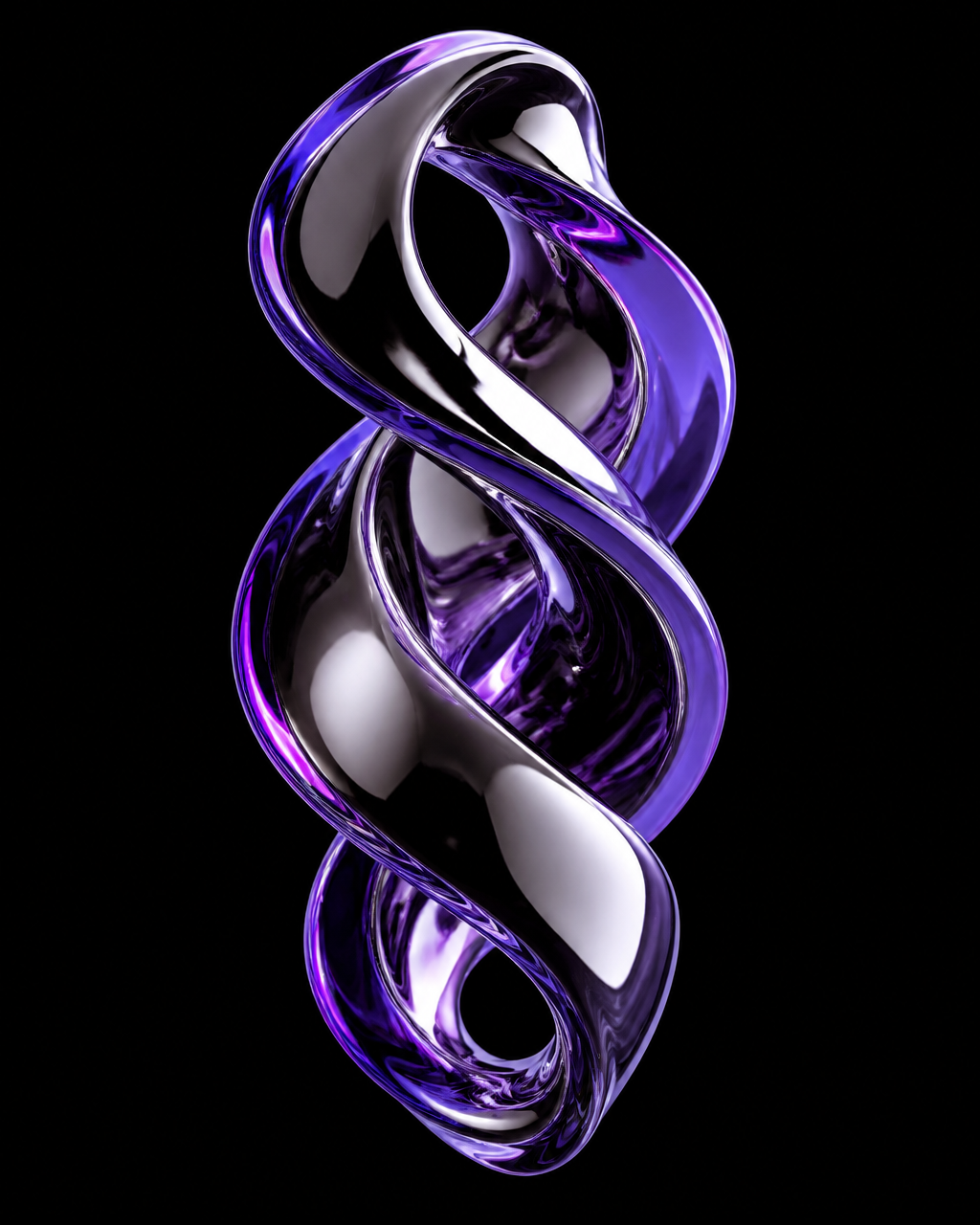 Abstract liquid chrome ribbon sculpture reflecting violet studio light
