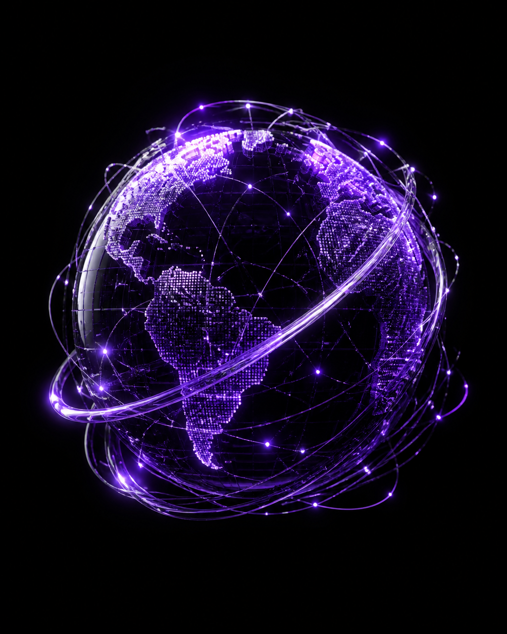 Holographic wireframe globe with violet orbital ribbons and glowing data nodes