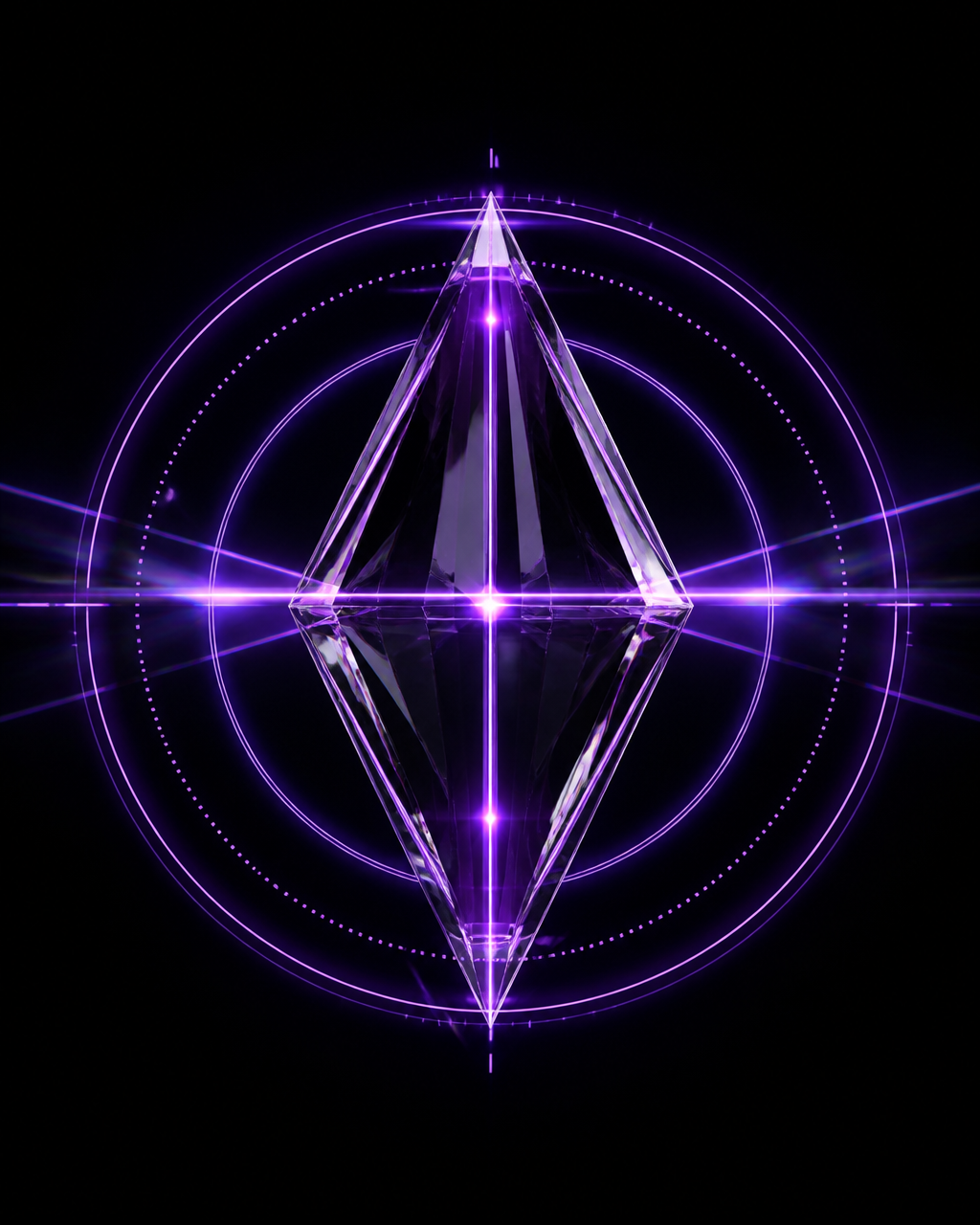 Refractive glass prism surrounded by violet targeting rings and optical beams