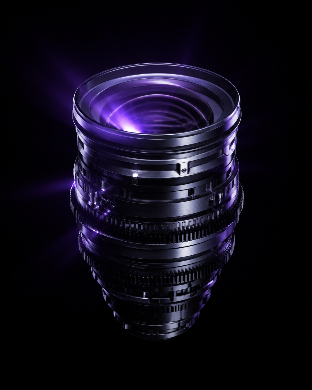 Floating titanium cinema lens illuminated by violet volumetric light