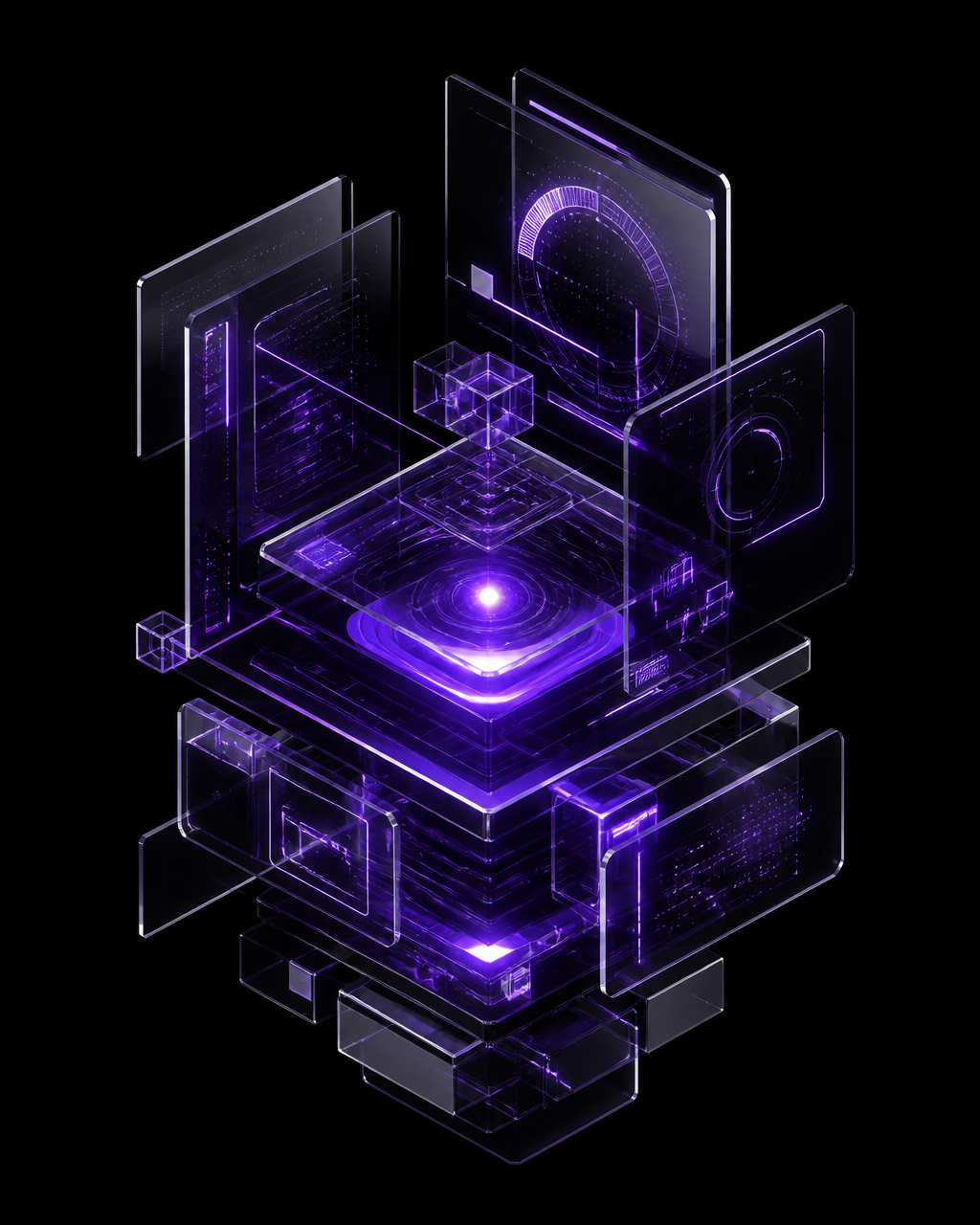 Floating isometric glass interface with layered panels and violet circuit gridlines